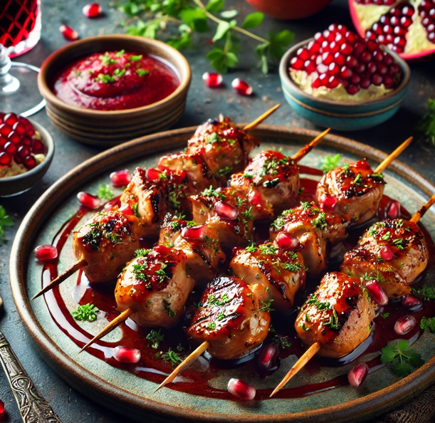 Quail Skewers with Pomegranate Glaze