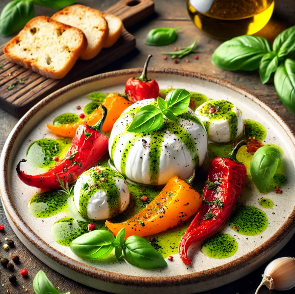 Burrata with Roasted Peppers and Basil Oil