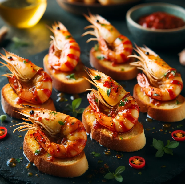 Chili Garlic Prawns on Toasted Baguette