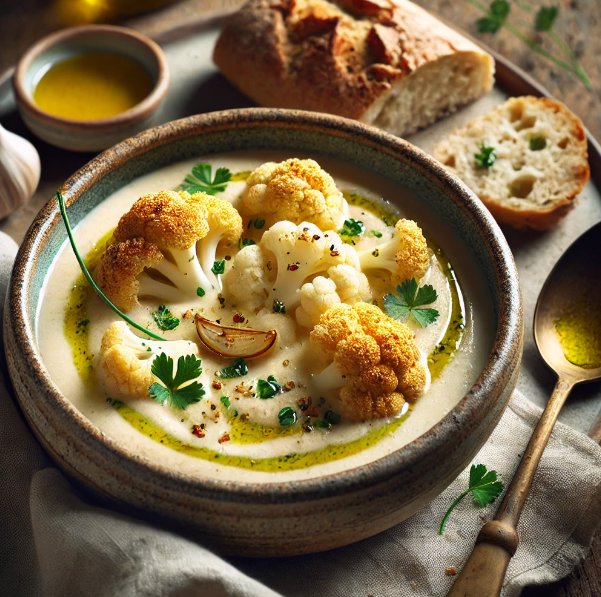 Creamy Roasted Garlic & Cauliflower Soup