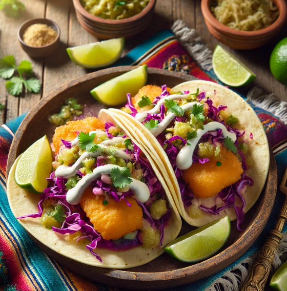 Crispy Fish Tacos with Cabbage Slaw & Lime Crema