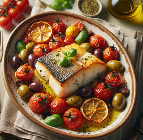 Italian Baked Halibut with Cherry Tomatoes & Olives