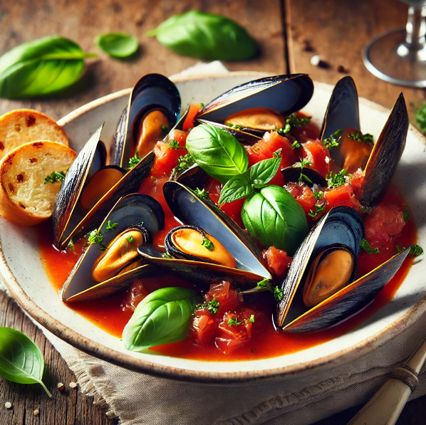 Mussels in Tomato and Basil Broth