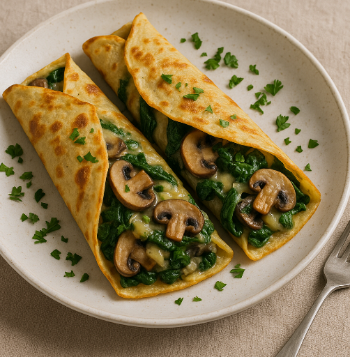 Mushroom & Spinach Crêpes with Gruyère
