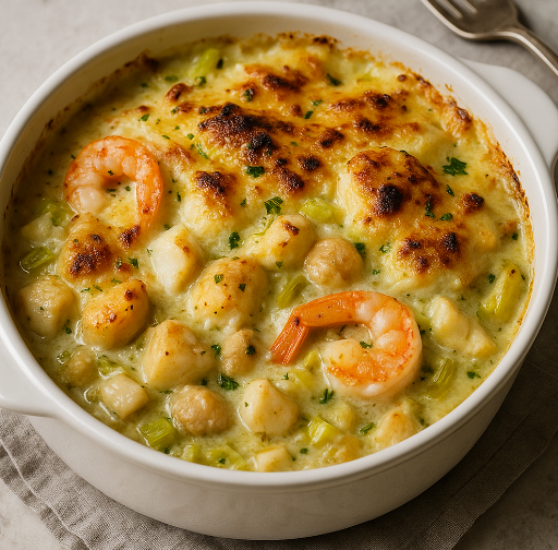 Seafood Gratin with Leeks & Gruyère