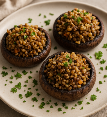 Stuffed Portobello Mushrooms with Barley & Walnut Ragu