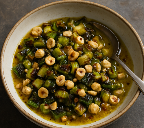 Charred Leek Vinaigrette with Toasted Hazelnuts