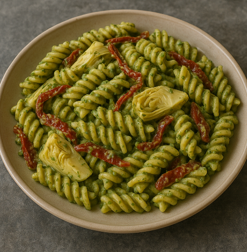 Creamy Pesto Pasta with Sun-Dried Tomatoes & Artichokes