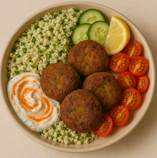 Falafel Bowl with Herbed Couscous & Lemon-Harissa Yogurt