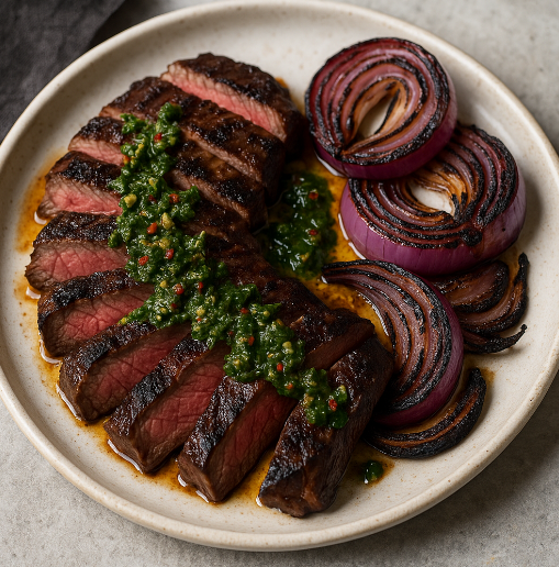 Grilled Flat Iron Steak with Chimichurri & Charred Onions