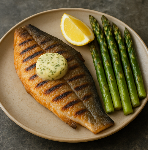 Grilled Trout with Lemon-Dill Butter & Asparagus