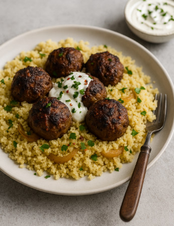 Harissa-Lamb Meatballs with Couscous & Yogurt Sauce