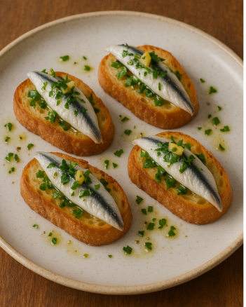Marinated White Anchovies on Toasted Baguette