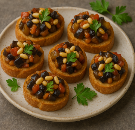 Mini Caponata Crostini with Pine Nuts & Currants
