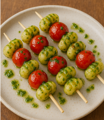 Mini Gnocchi Skewers with Pesto & Cherry Tomatoes