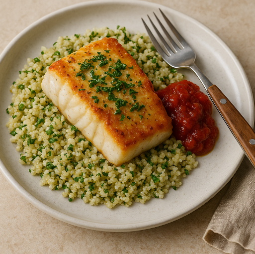 Pan-Seared Cod with Herbed Quinoa & Tomato Jam
