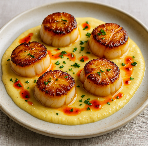 Pan-Seared Scallops with Corn Purée & Chili Oil