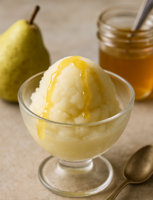 Pear Sorbet with Ginger Syrup Drizzle