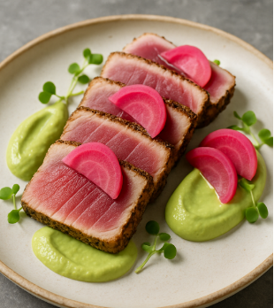Seared Tuna with Avocado-Wasabi Cream & Pickled Radish