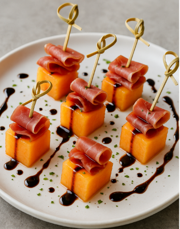 Serrano Ham & Melon Skewers with Balsamic Glaze