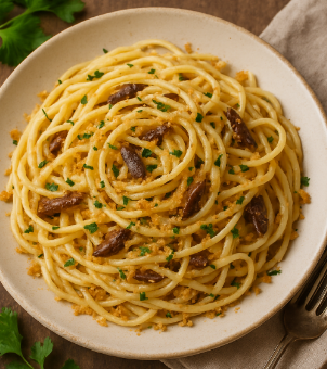 Spaghetti Aglio e Olio with Anchovies & Breadcrumbs