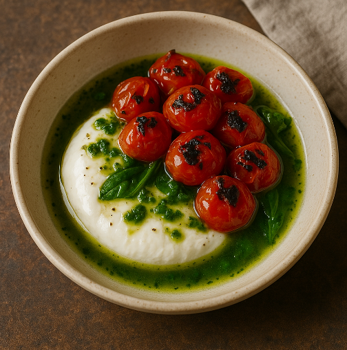 Warm Burrata with Charred Cherry Tomatoes & Basil Oil