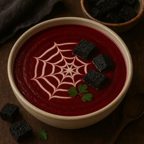 Bloody Beet Soup with Black Garlic Croutons