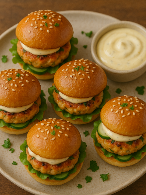 Mini Salmon Burgers with Lemon Aioli